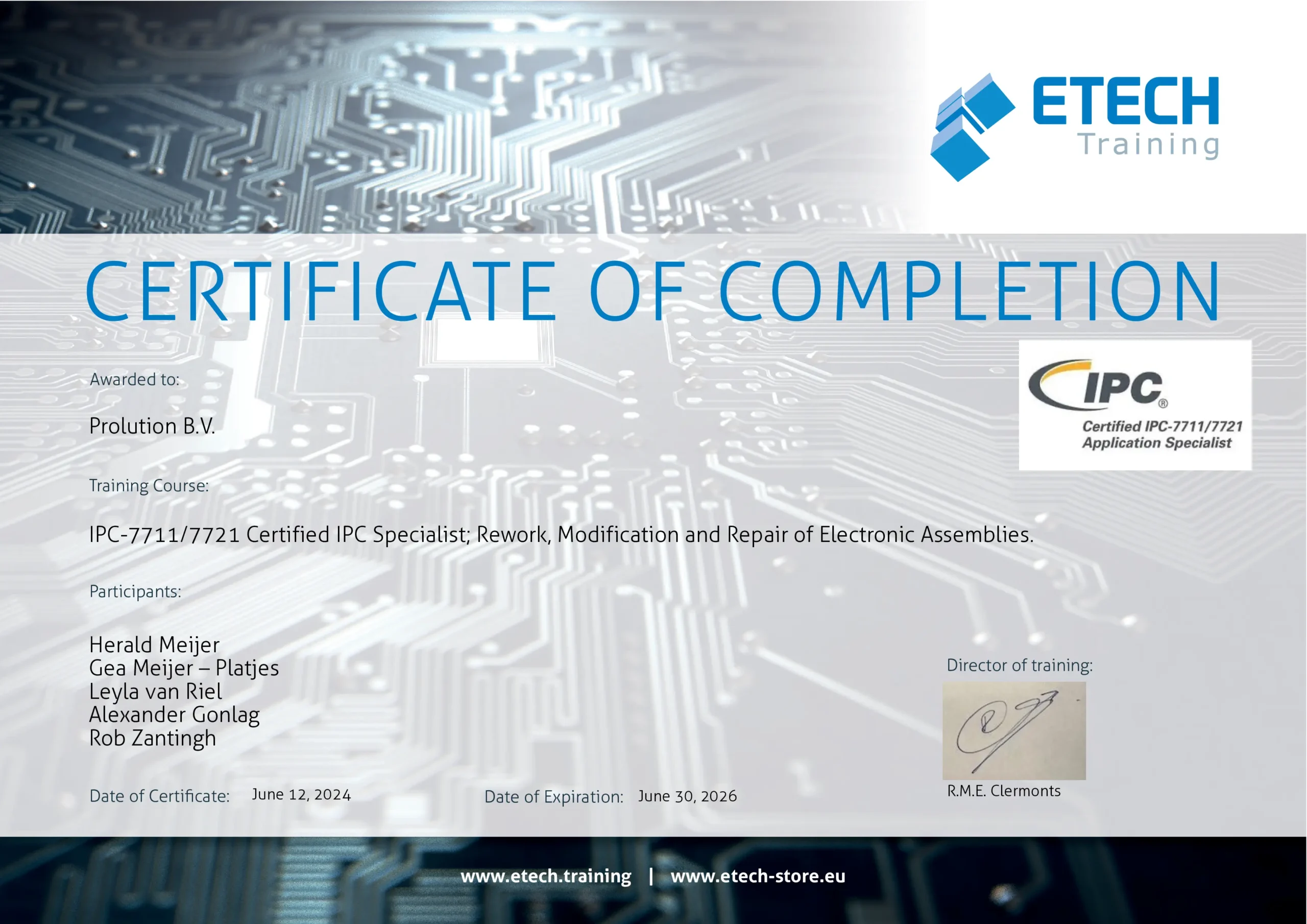 Certificate IPC Prolution The Netherlands
