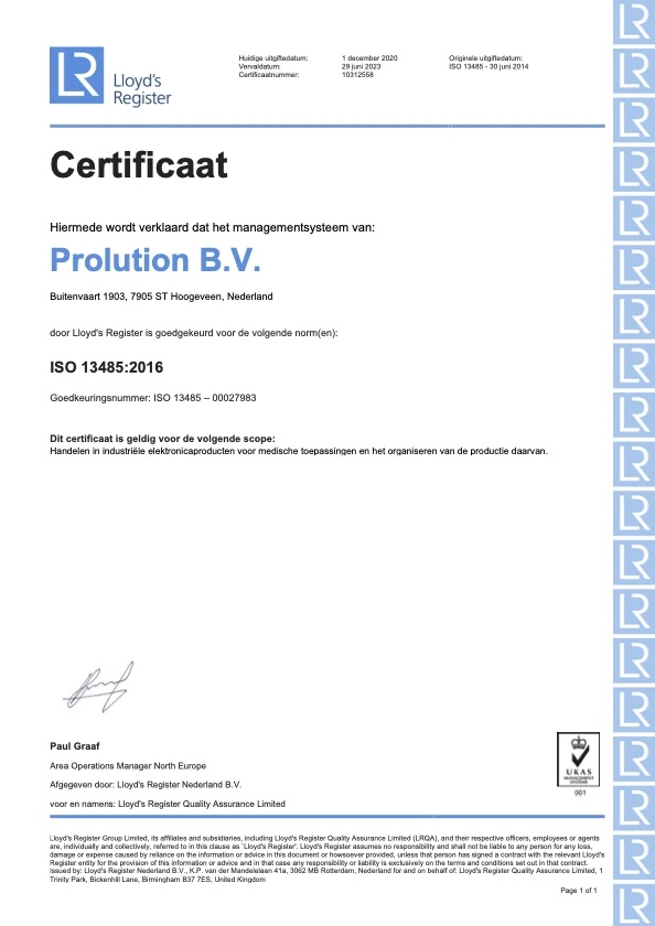 Certificate ISO13485 Prolution The Netherlands