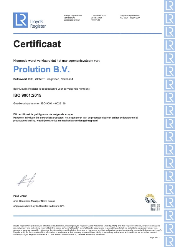 Certificate ISO9001 Prolution The Netherlands